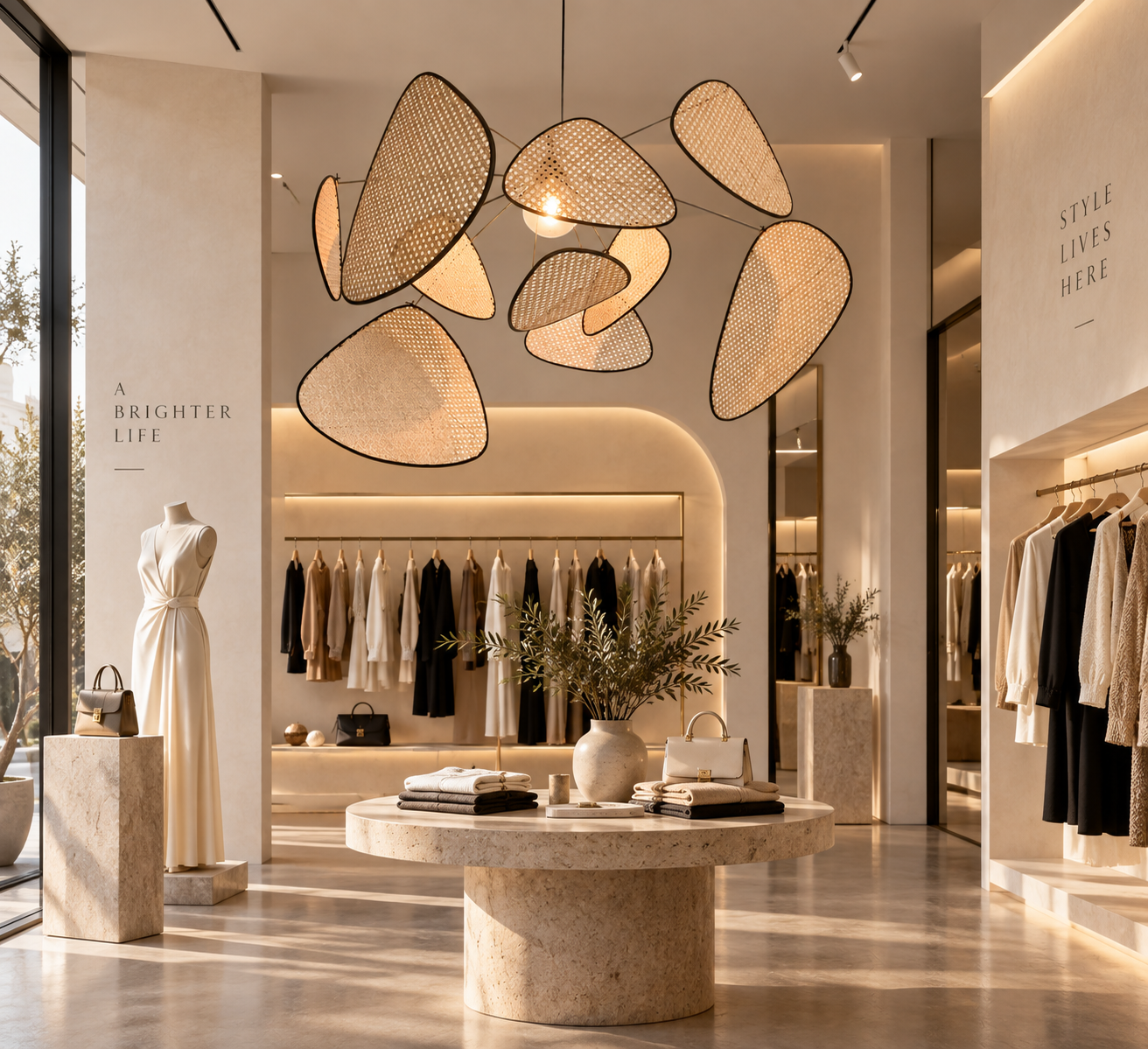 Sculptural Handwoven Rattan Multi-Panel Pendant Chandelier for Hospitality & Retail Projects