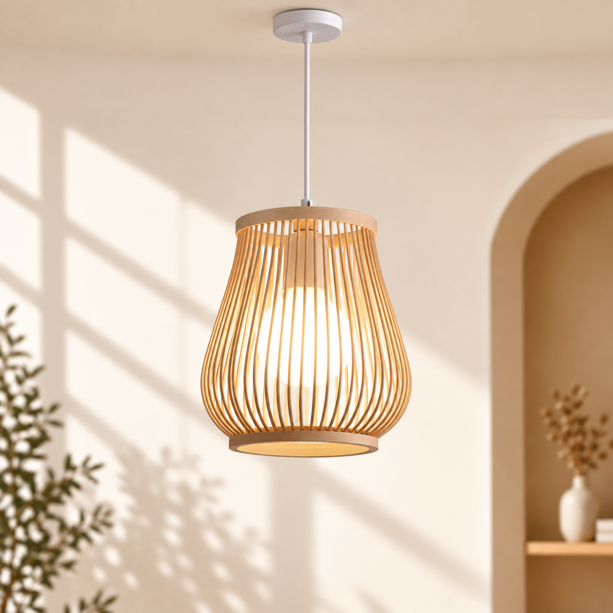 Open Slat Natural Wood Teardrop Pendant Light for Hospitality & Retail Projects