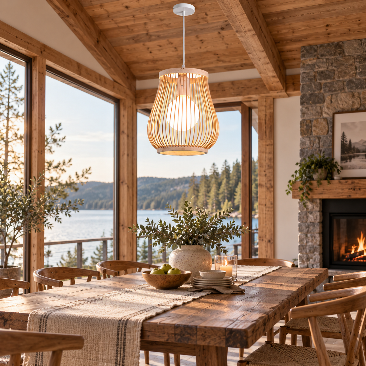 Open Slat Natural Wood Teardrop Pendant Light for Hospitality & Retail Projects