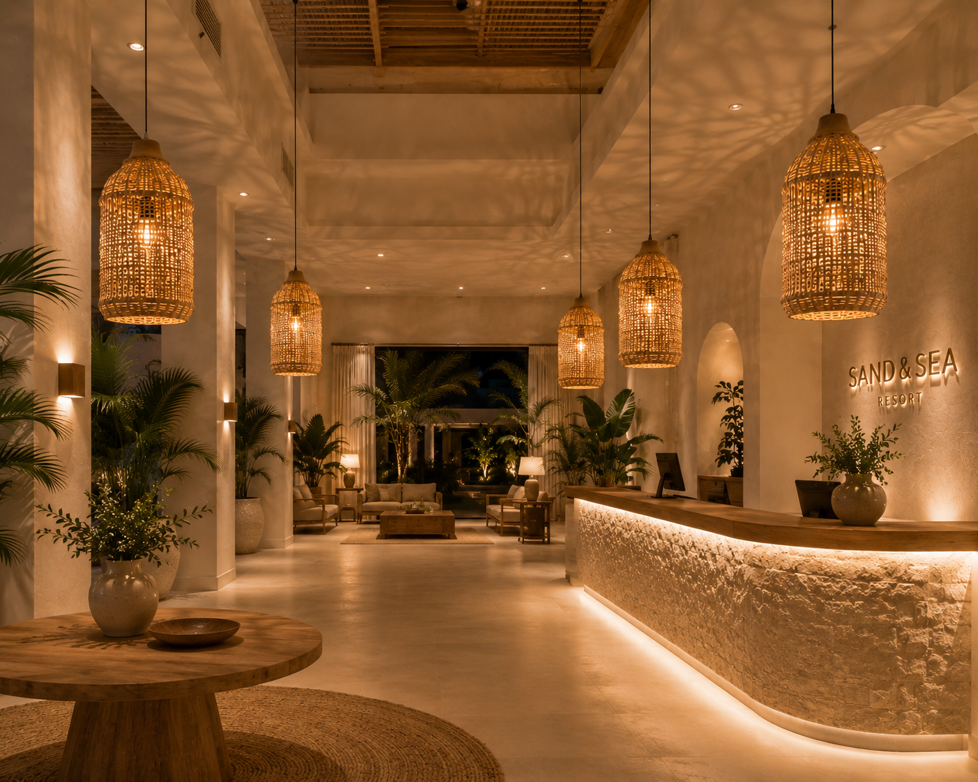Natural Woven Rattan Pendant Light – Rustic Hanging Lamp for Hospitality & Interior Projects