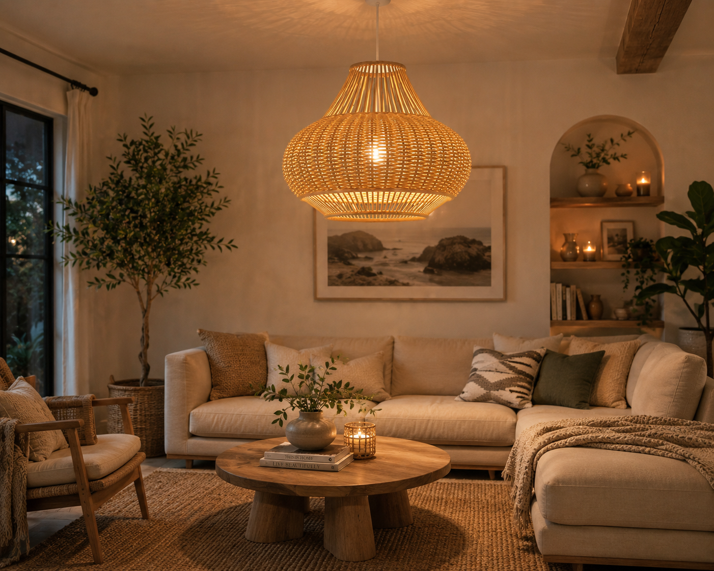 Handwoven Rattan Pendant Light 18in Wabi-Sabi Natural Fiber Hanging Lamp for Hospitality & Commercial Interiors