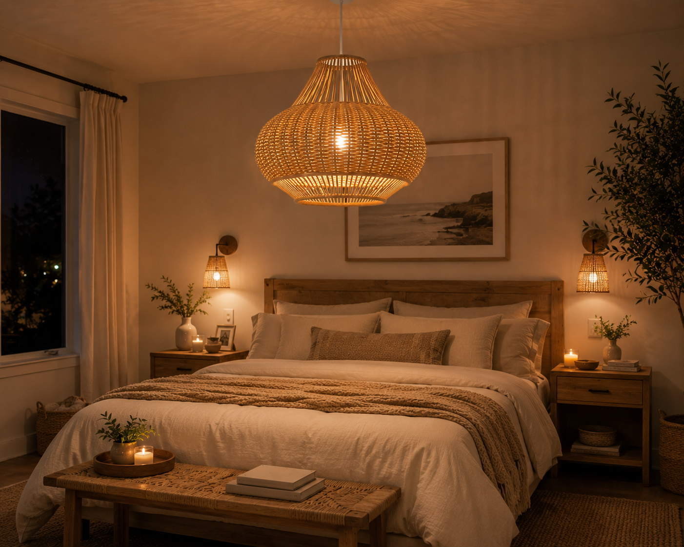 Handwoven Rattan Pendant Light 18in Wabi-Sabi Natural Fiber Hanging Lamp for Hospitality & Commercial Interiors