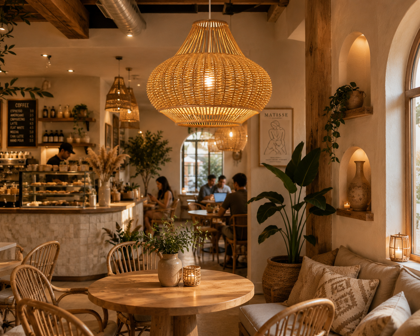 Handwoven Rattan Pendant Light 18in Wabi-Sabi Natural Fiber Hanging Lamp for Hospitality & Commercial Interiors