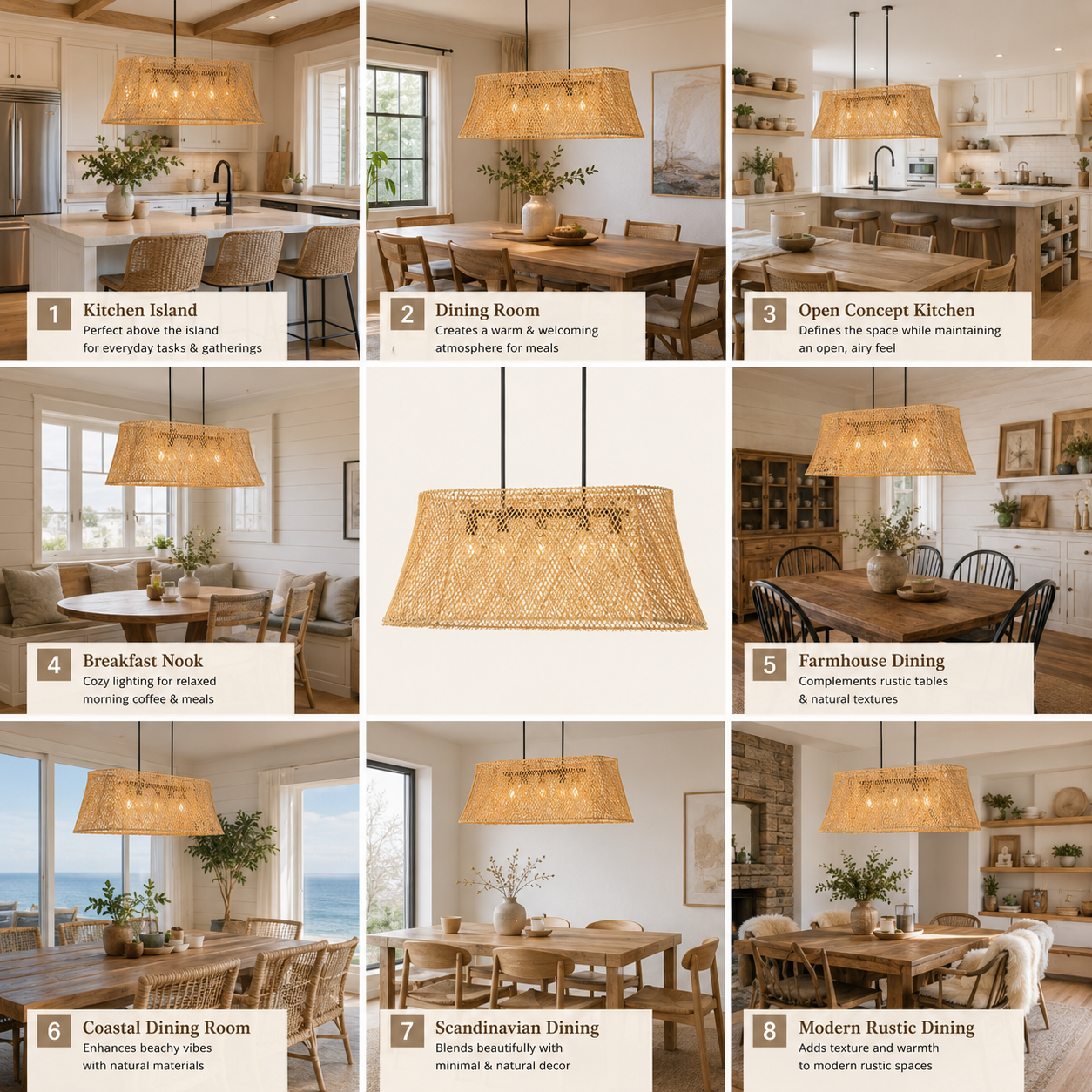 Handwoven Rectangular Rattan Island Chandelier Natural Wicker Linear Pendant Light for Hotel Restaurant Dining Projects