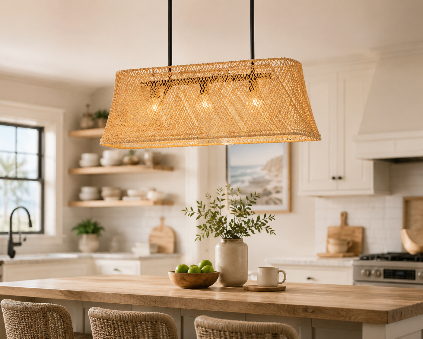 Handwoven Rectangular Rattan Island Chandelier Natural Wicker Linear Pendant Light for Hotel Restaurant Dining Projects