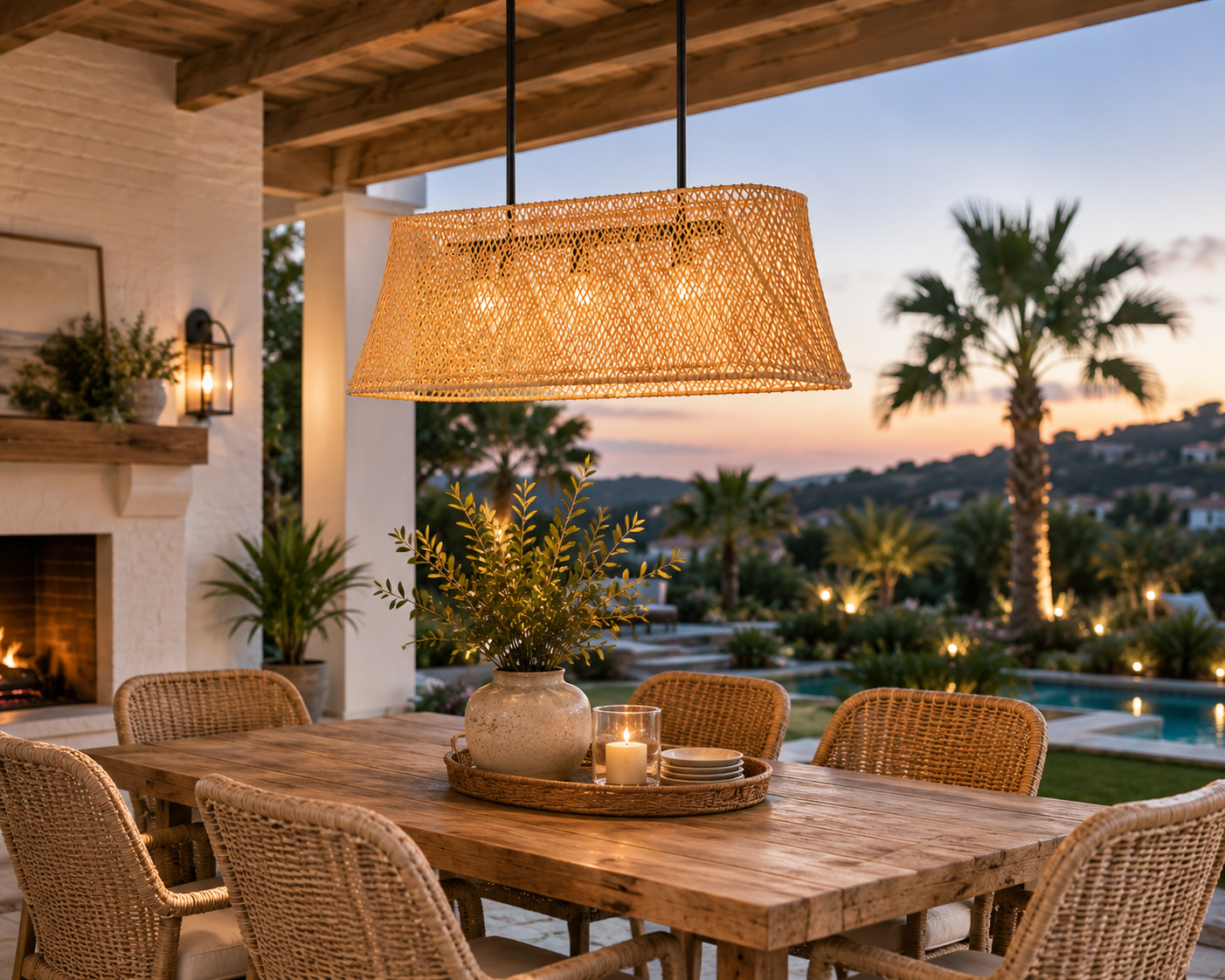 Handwoven Rectangular Rattan Island Chandelier Natural Wicker Linear Pendant Light for Hotel Restaurant Dining Projects