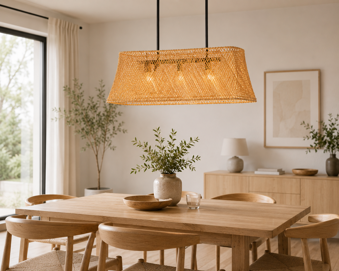 Handwoven Rectangular Rattan Island Chandelier Natural Wicker Linear Pendant Light for Hotel Restaurant Dining Projects