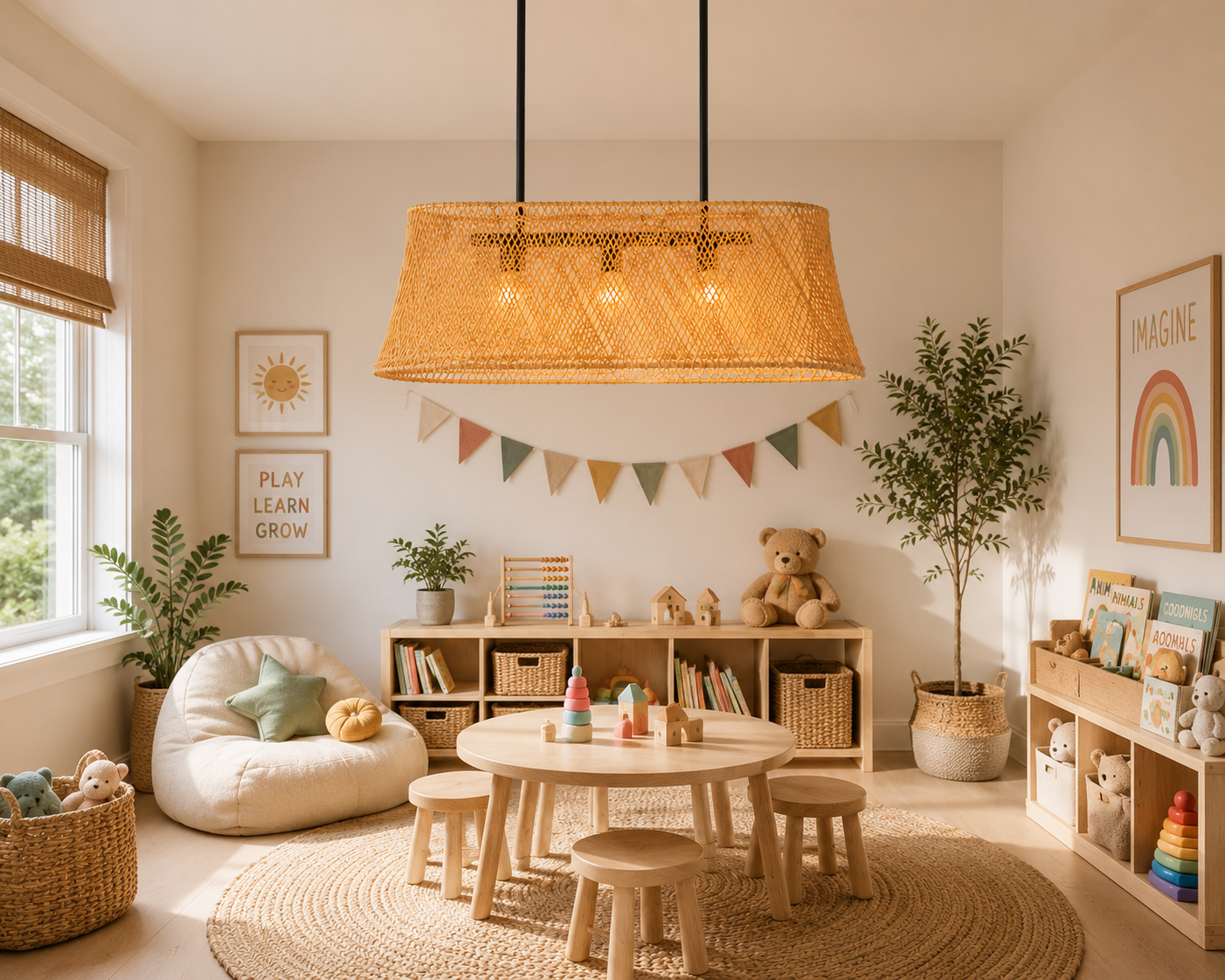 Handwoven Rectangular Rattan Island Chandelier Natural Wicker Linear Pendant Light for Hotel Restaurant Dining Projects