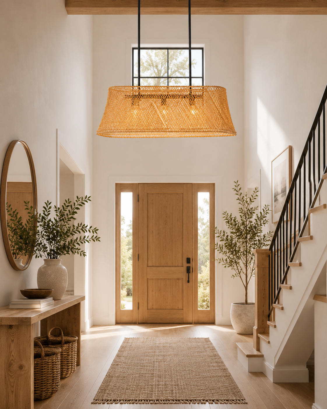 Handwoven Rectangular Rattan Island Chandelier Natural Wicker Linear Pendant Light for Hotel Restaurant Dining Projects