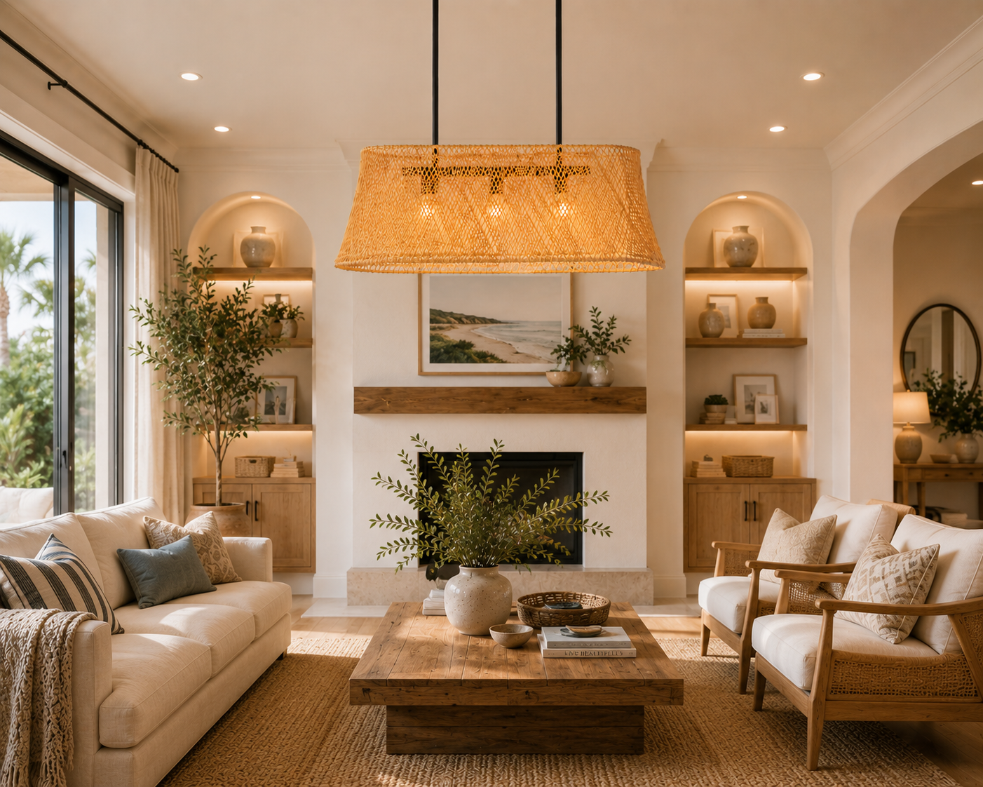Handwoven Rectangular Rattan Island Chandelier Natural Wicker Linear Pendant Light for Hotel Restaurant Dining Projects