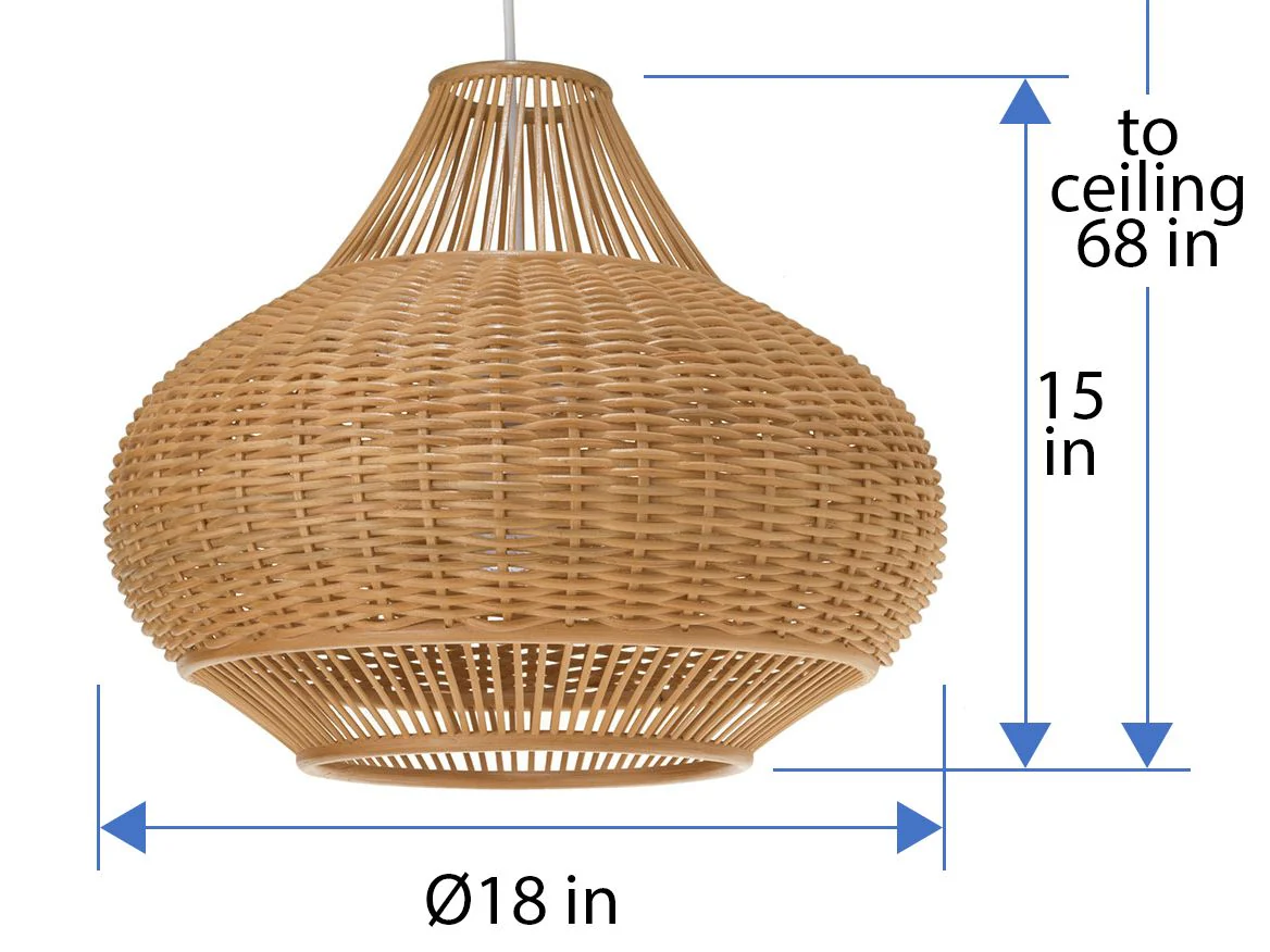 Handwoven Rattan Pendant Light 18in Wabi-Sabi Natural Fiber Hanging Lamp for Hospitality & Commercial Interiors