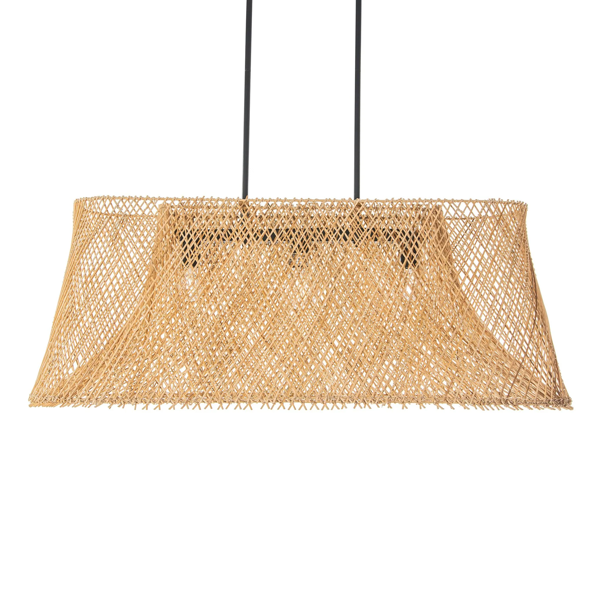 Handwoven Rectangular Rattan Island Chandelier Natural Wicker Linear Pendant Light for Hotel Restaurant Dining Projects