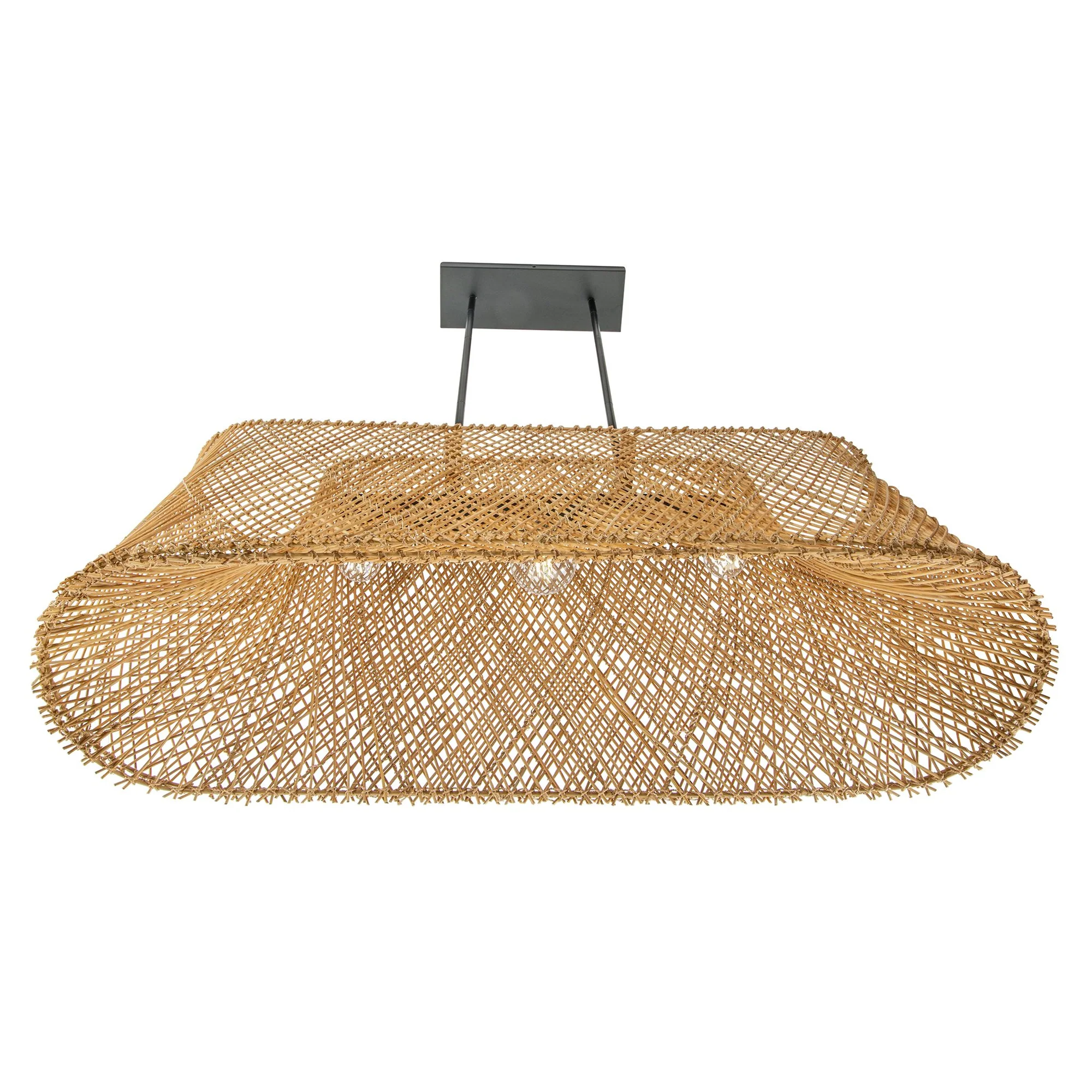 Handwoven Rectangular Rattan Island Chandelier Natural Wicker Linear Pendant Light for Hotel Restaurant Dining Projects