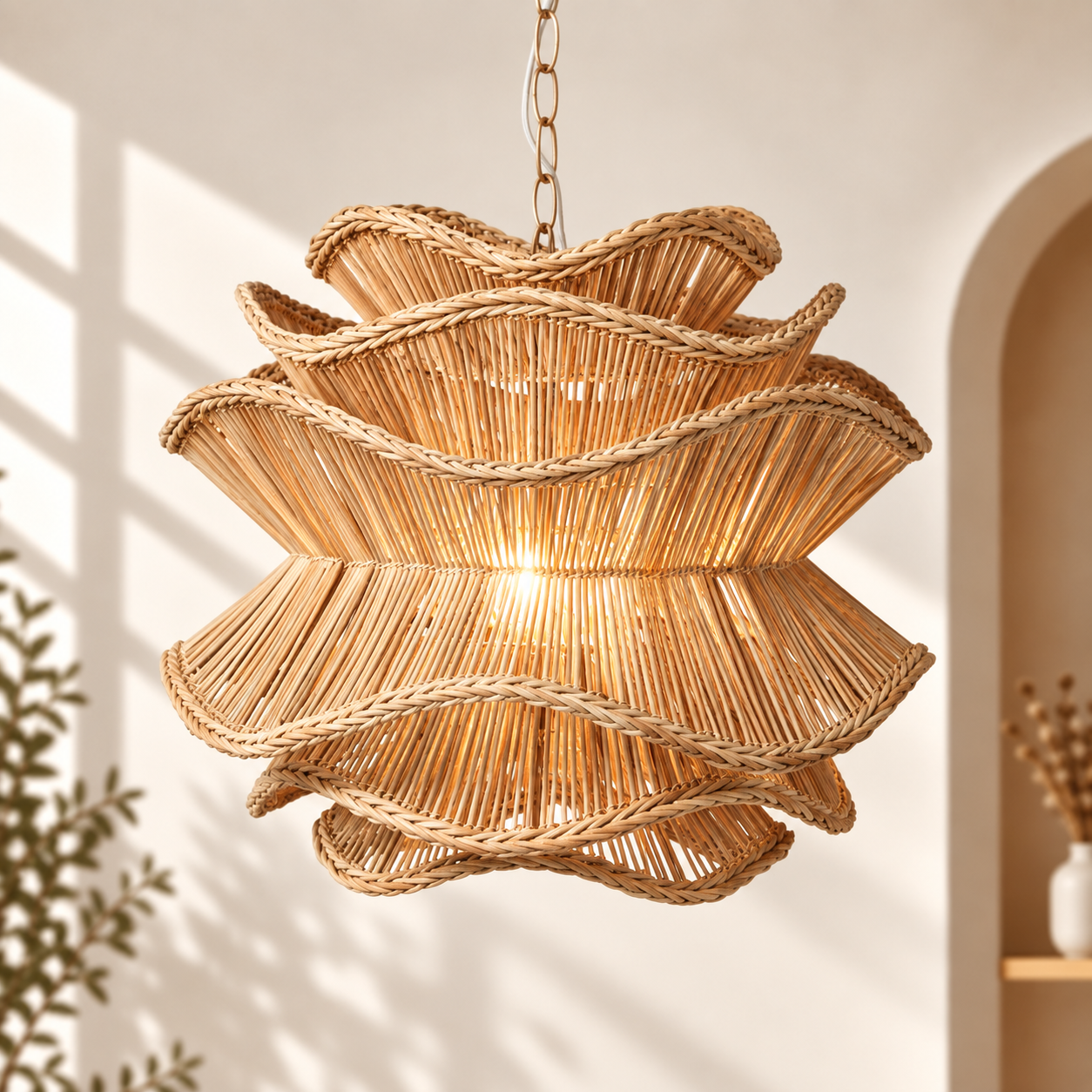 Sculptural Layered Hand Woven Rattan Chandelier for Hospitality & Retail Projects | OEM ODM
