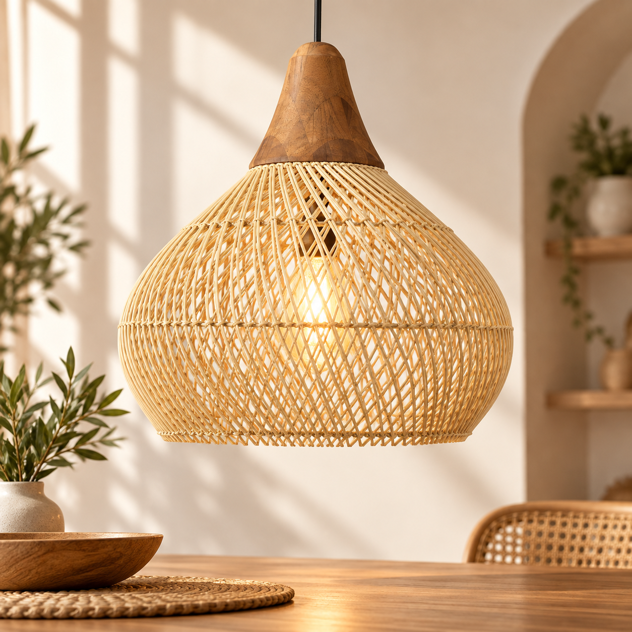 Hand Woven Rattan Pendant Light with Wood Accent for Hotel Restaurant & Retail Projects | OEM ODM