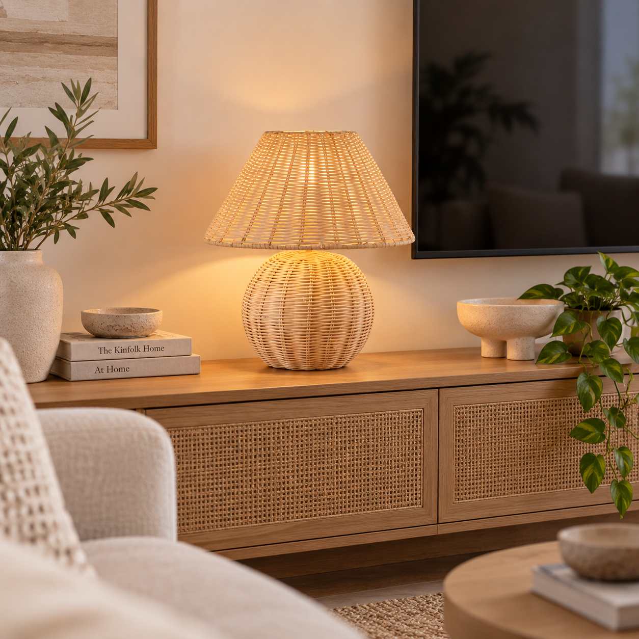 Hand Woven Rattan Table Lamp with Round Base for Hotel & Retail Projects | OEM ODM