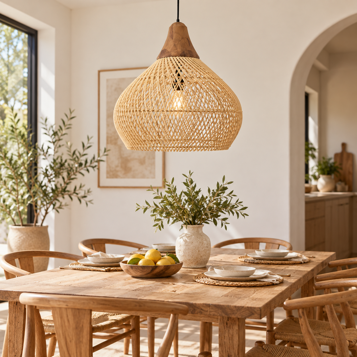 Hand Woven Rattan Pendant Light with Wood Accent for Hotel Restaurant & Retail Projects | OEM ODM