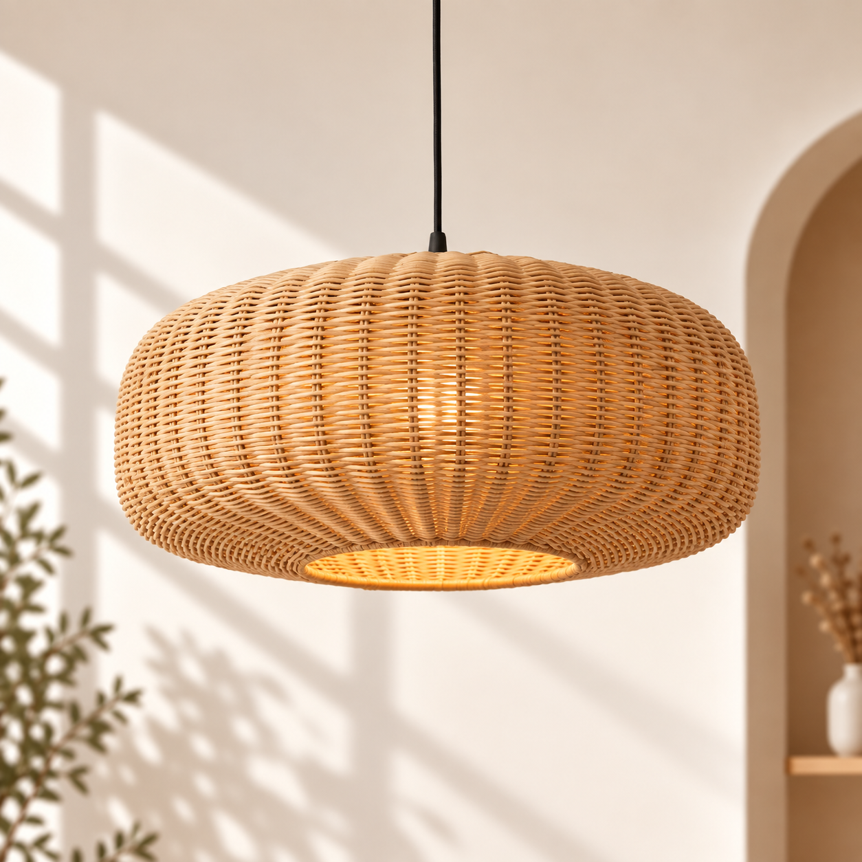 Low Profile Drum Hand Woven Rattan Pendant Light for Hospitality & FF&E Projects