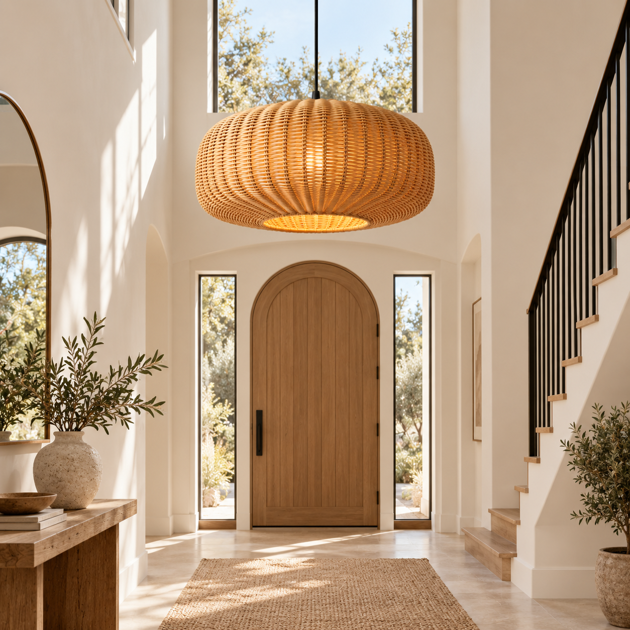 Low Profile Drum Hand Woven Rattan Pendant Light for Hospitality & FF&E Projects