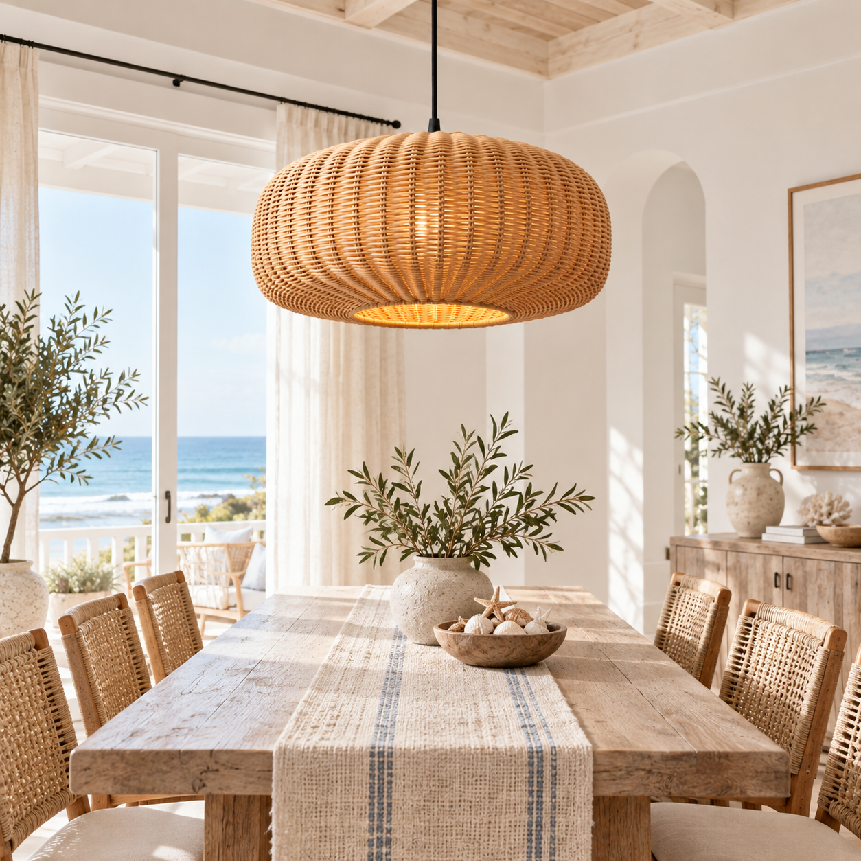 Low Profile Drum Hand Woven Rattan Pendant Light for Hospitality & FF&E Projects