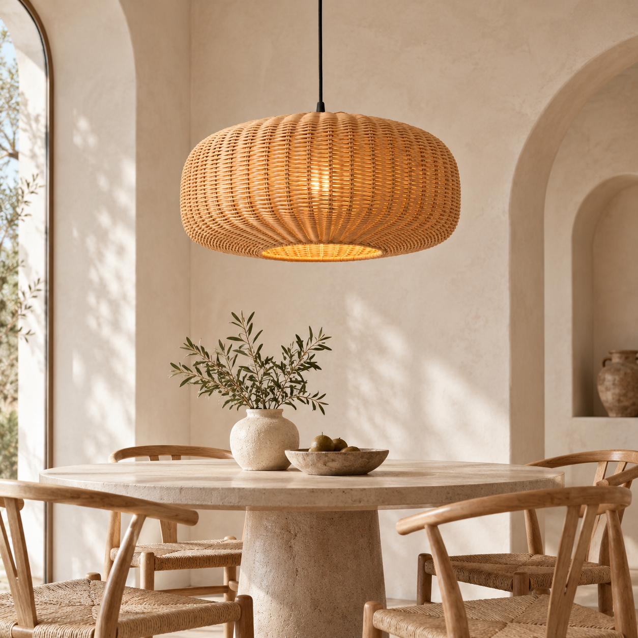 Low Profile Drum Hand Woven Rattan Pendant Light for Hospitality & FF&E Projects