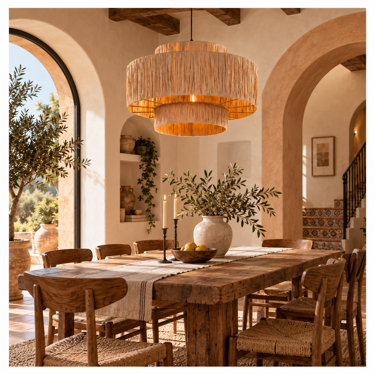 Tiered Natural Fiber Drum Pendant Light for Hotel Restaurant & FF&E Projects