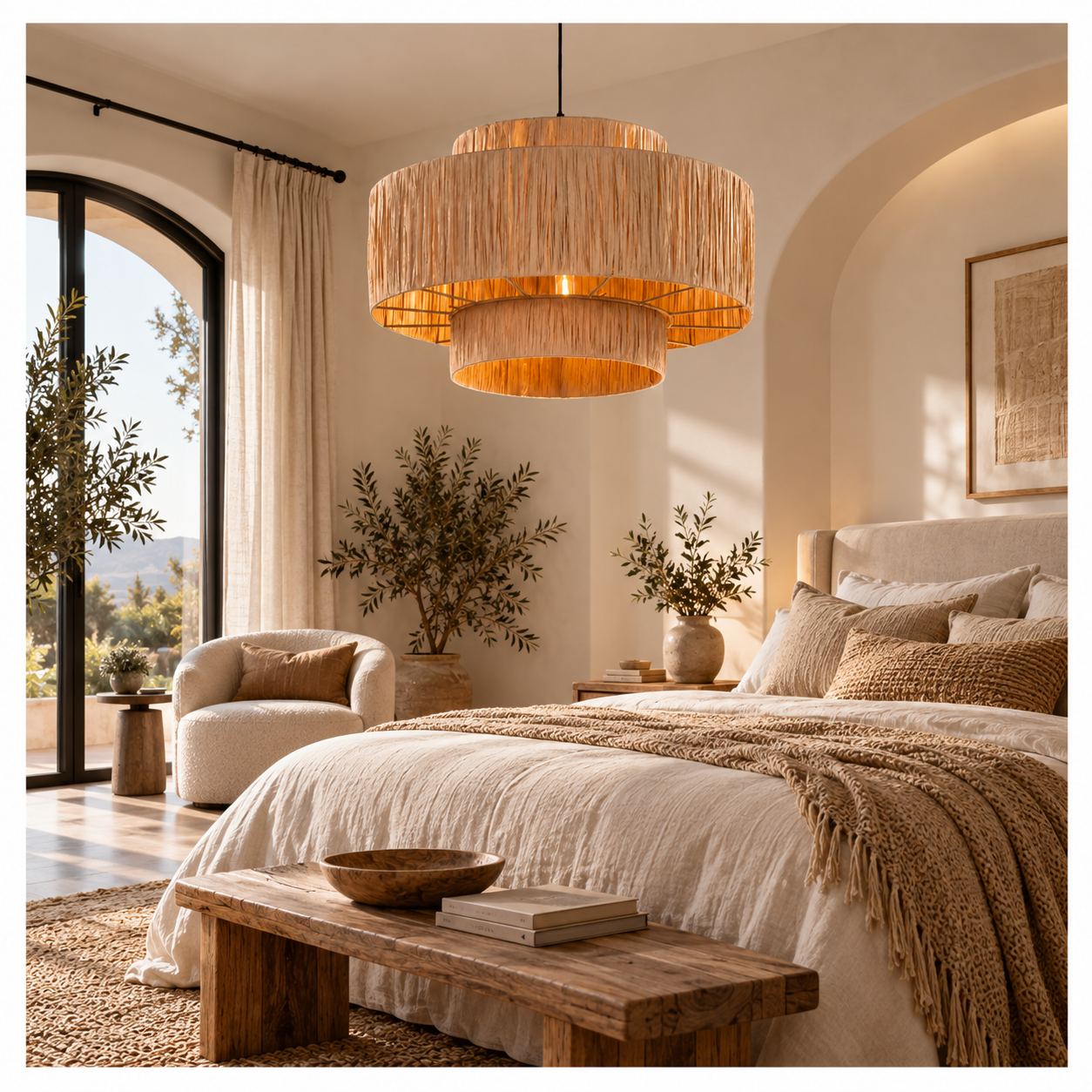 Tiered Natural Fiber Drum Pendant Light for Hotel Restaurant & FF&E Projects