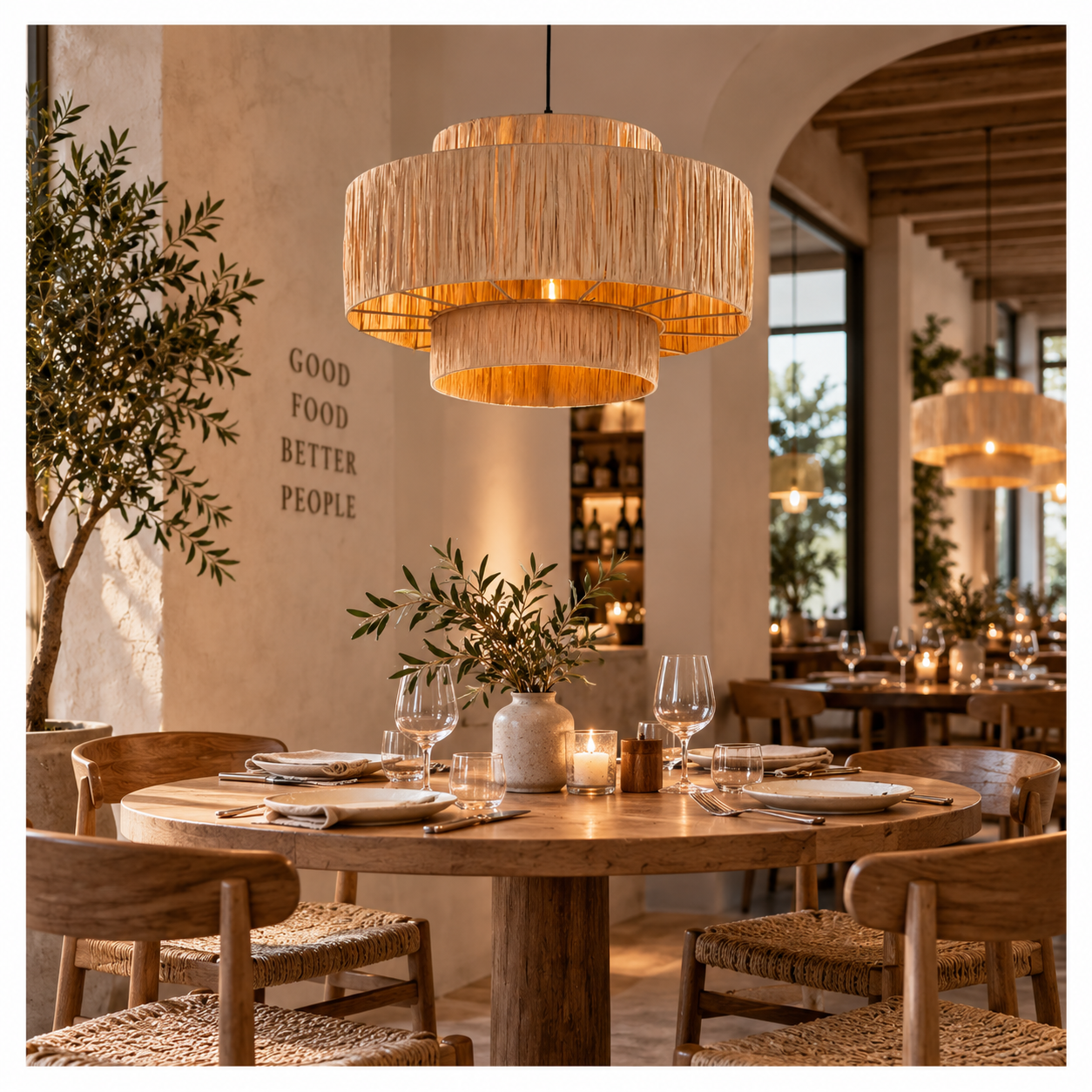 Tiered Natural Fiber Drum Pendant Light for Hotel Restaurant & FF&E Projects