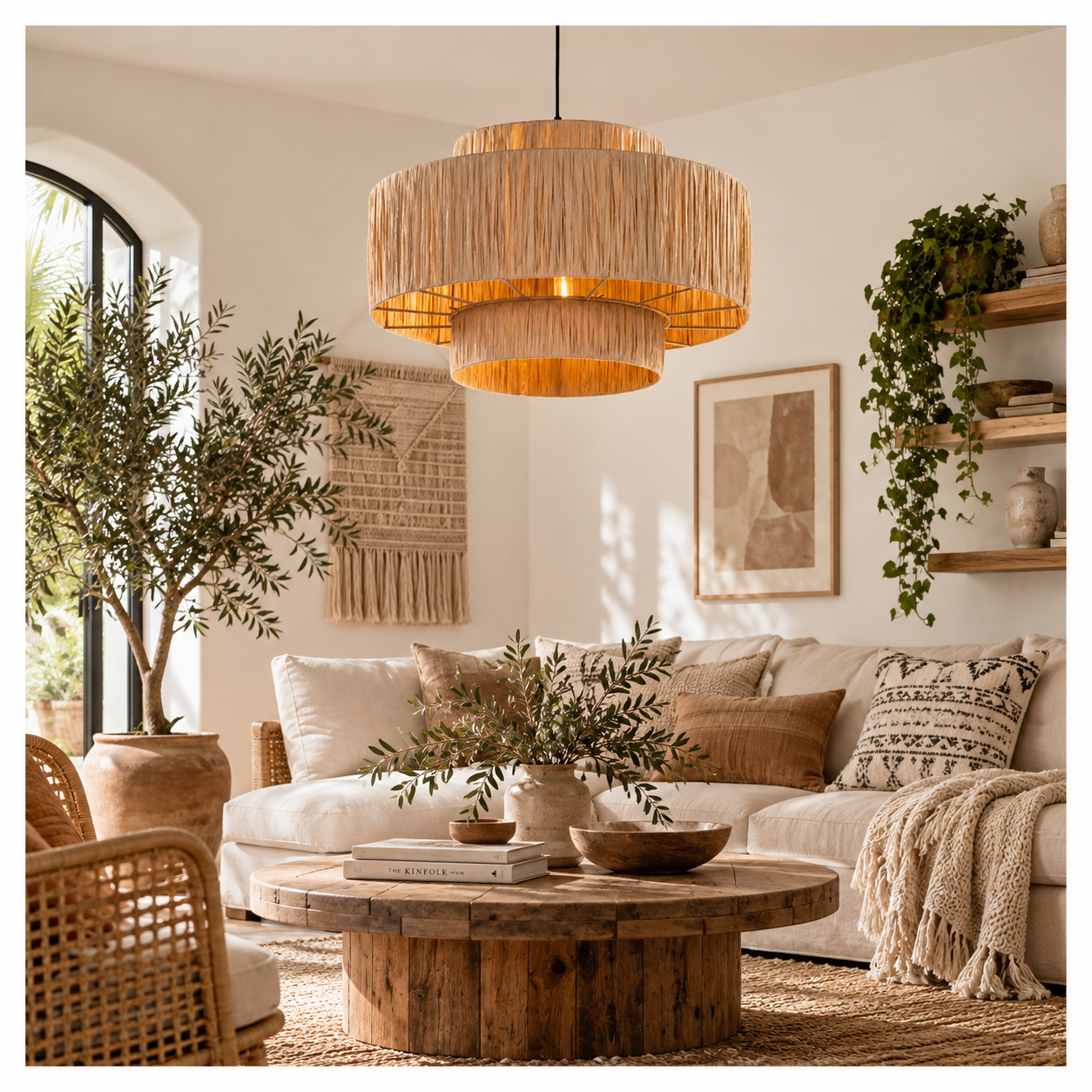 Tiered Natural Fiber Drum Pendant Light for Hotel Restaurant & FF&E Projects