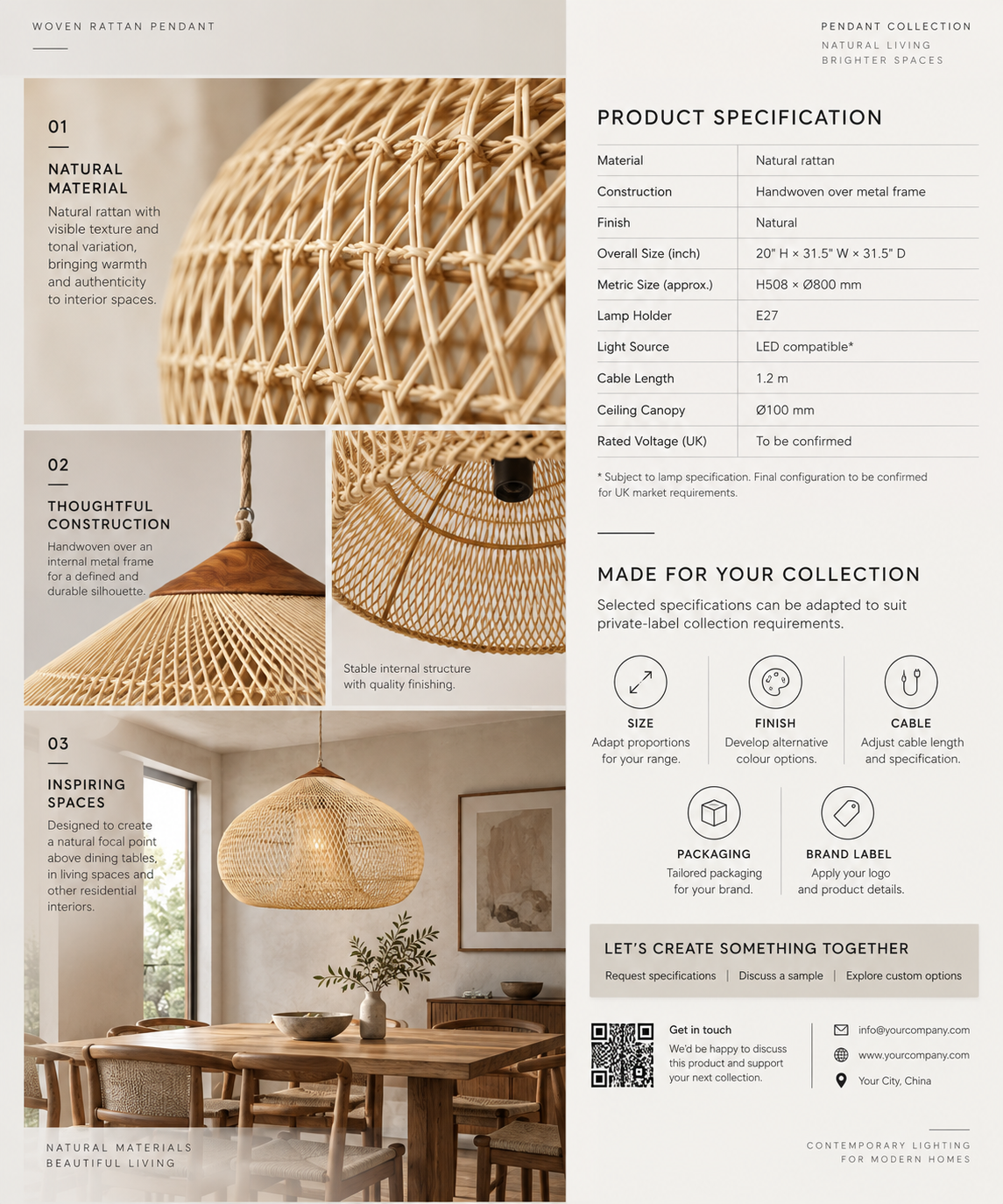 Large Dome Hand Woven Rattan Pendant Light for Hotel Restaurant & FF&E Projects