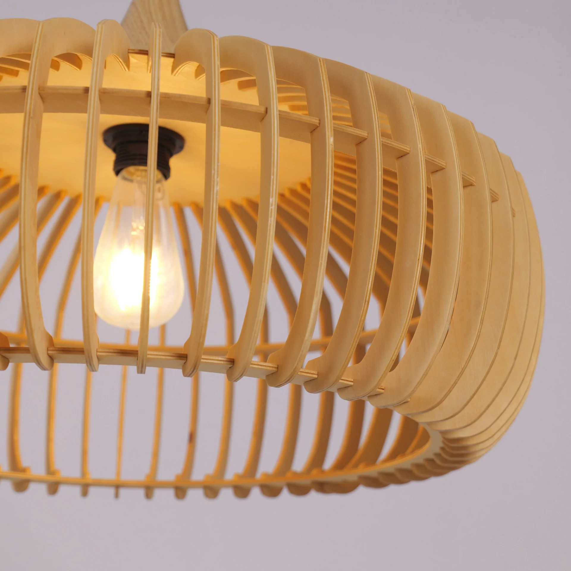Modern Wooden Slatted Pendant Light Nordic Cage Design Wood Hanging Lamp