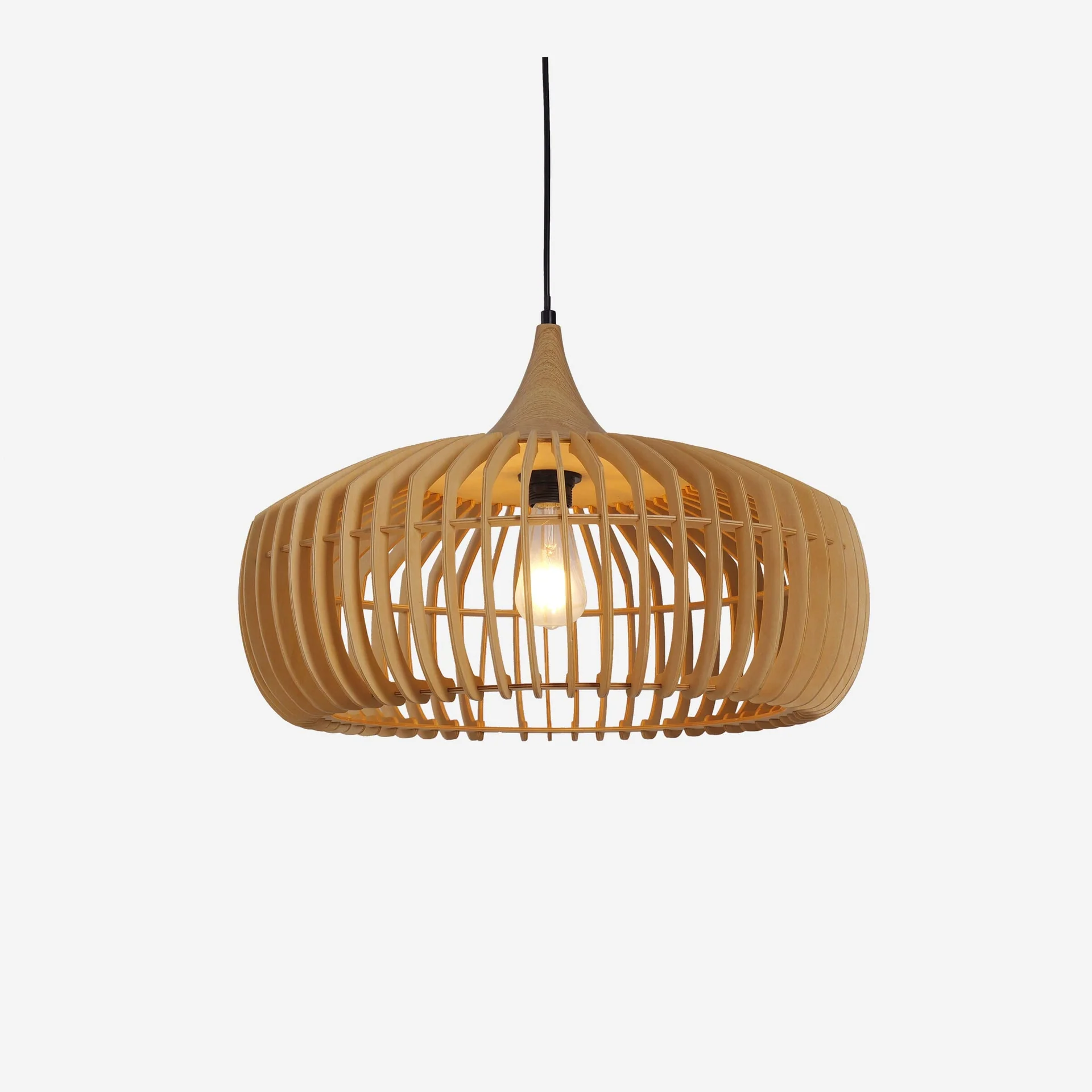 Modern Wooden Slatted Pendant Light Nordic Cage Design Wood Hanging Lamp