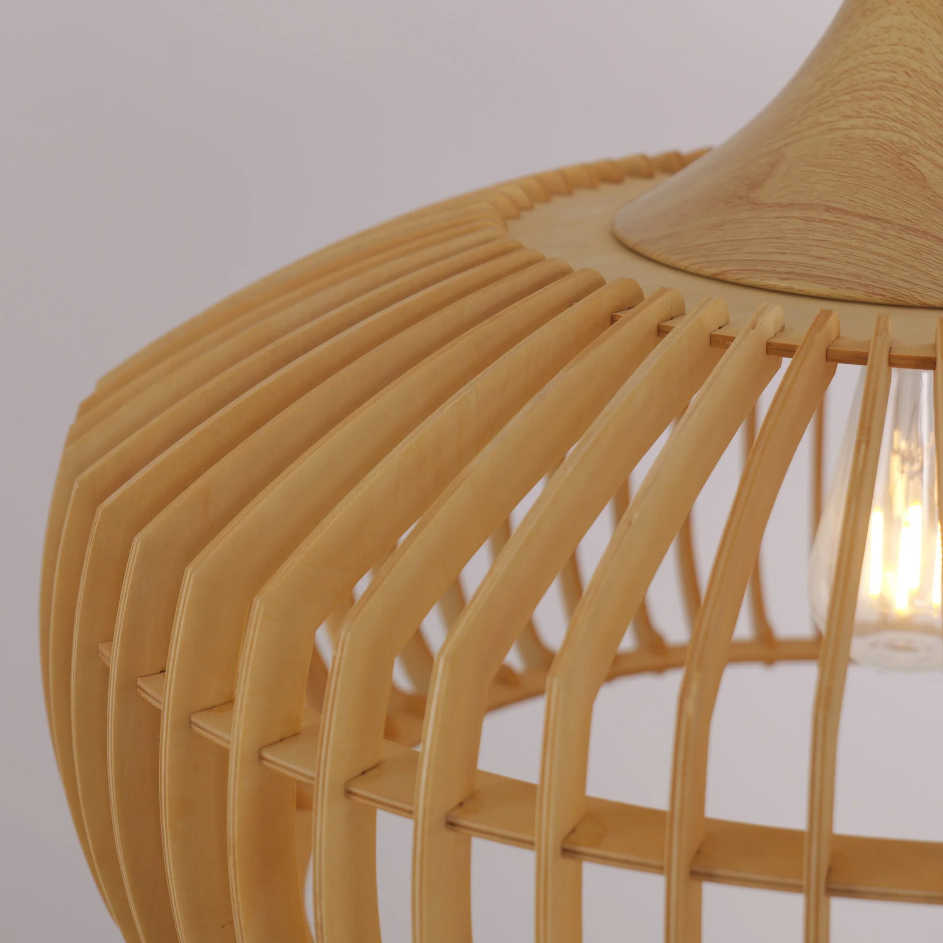 Modern Wooden Slatted Pendant Light Nordic Cage Design Wood Hanging Lamp