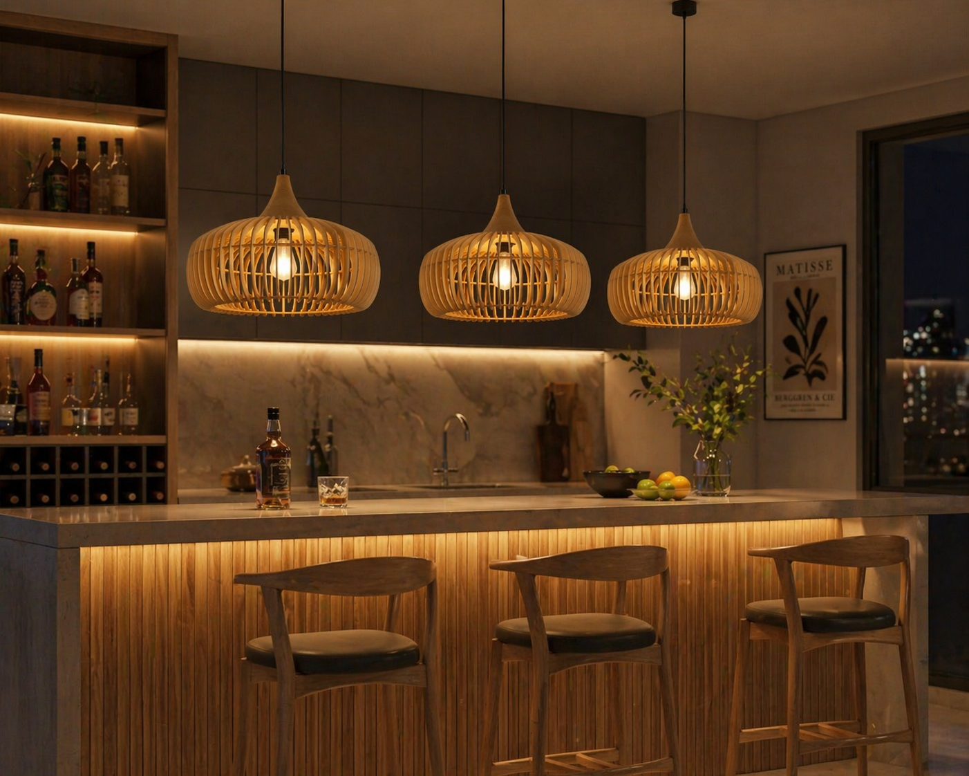 Modern Wooden Slatted Pendant Light Nordic Cage Design Wood Hanging Lamp