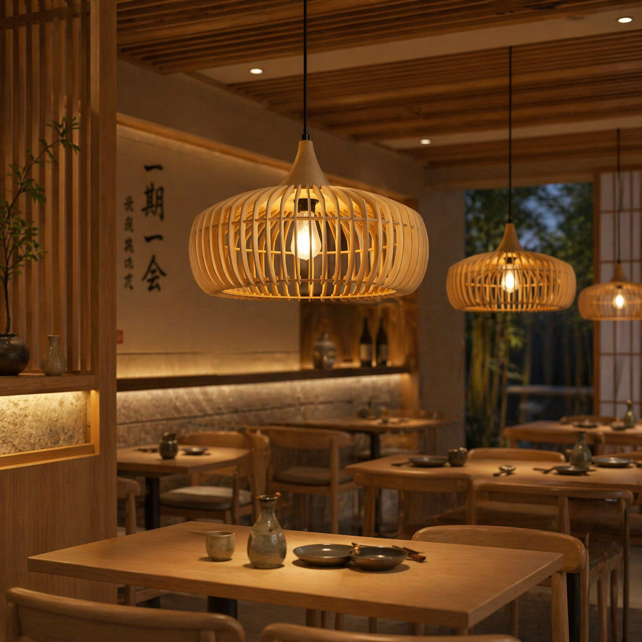 Modern Wooden Slatted Pendant Light Nordic Cage Design Wood Hanging Lamp