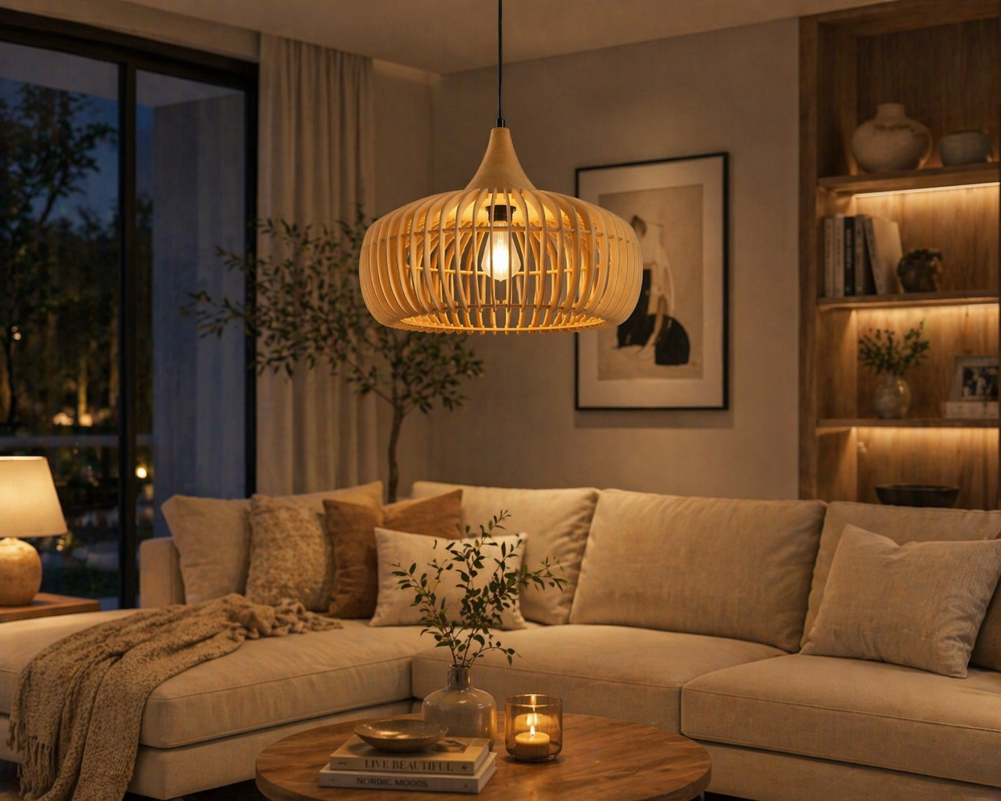Modern Wooden Slatted Pendant Light Nordic Cage Design Wood Hanging Lamp
