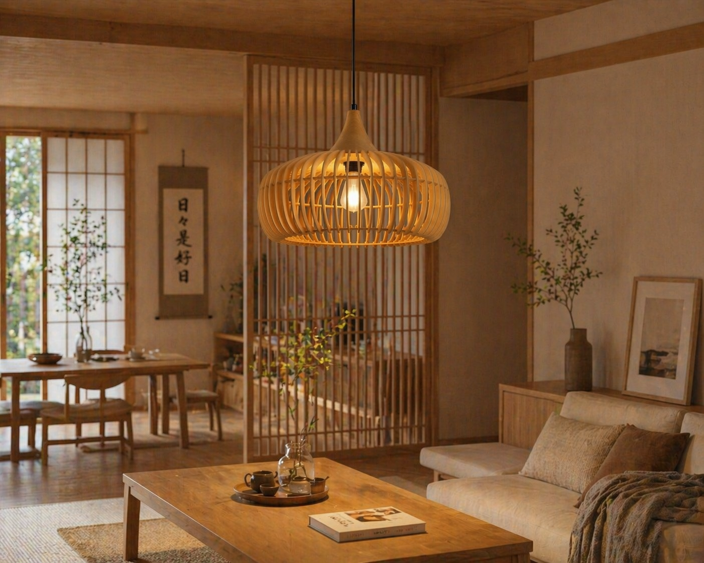 Modern Wooden Slatted Pendant Light Nordic Cage Design Wood Hanging Lamp