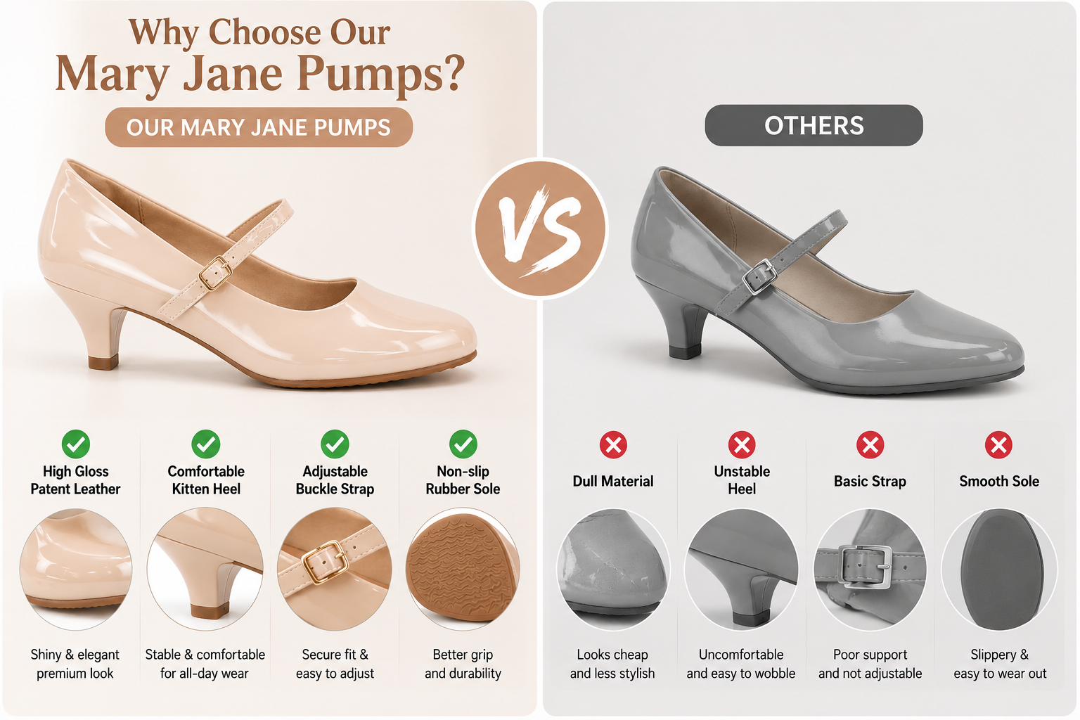 Guangzhou Comfortable Women PU Round Toe Heels Mary Jane Low Heel Pumps