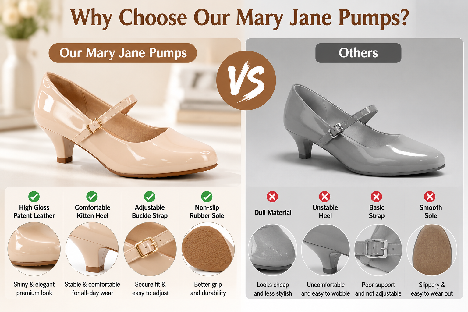 Guangzhou Comfortable Women PU Round Toe Heels Mary Jane Low Heel Pumps