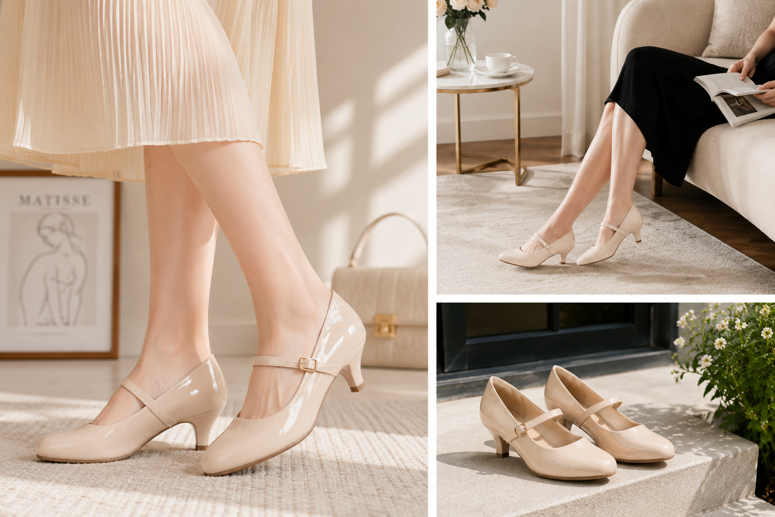 Guangzhou Comfortable Women PU Round Toe Heels Mary Jane Low Heel Pumps