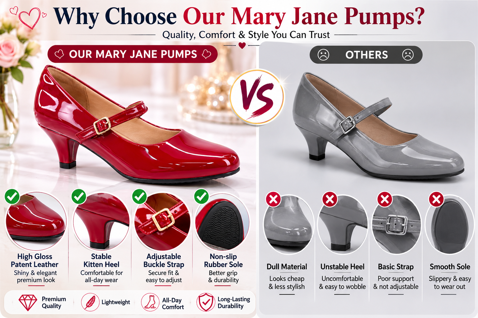 Guangzhou Comfortable Women PU Round Toe Heels Mary Jane Low Heel Pumps
