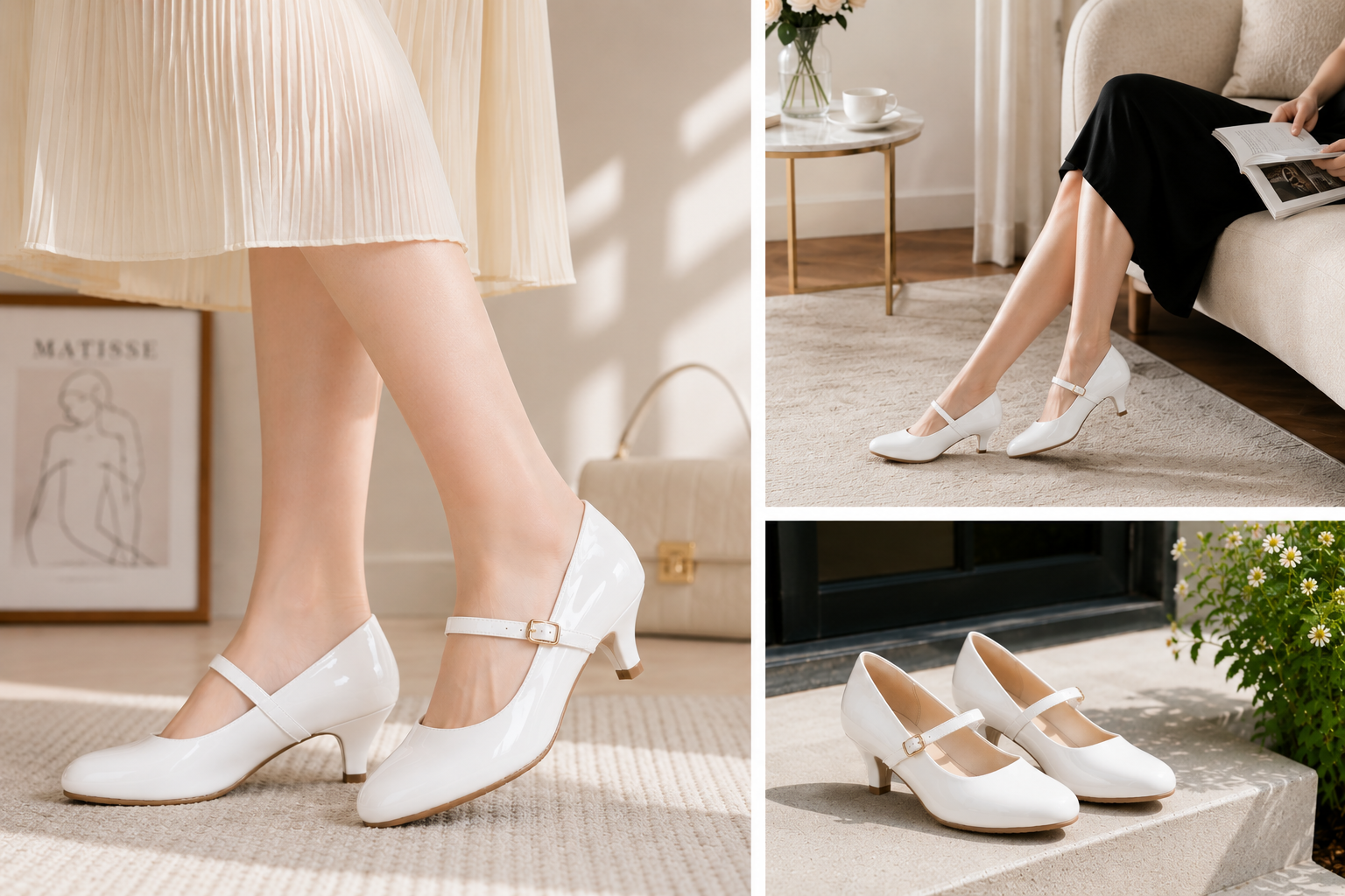 Guangzhou Comfortable Women PU Round Toe Heels Mary Jane Low Heel Pumps