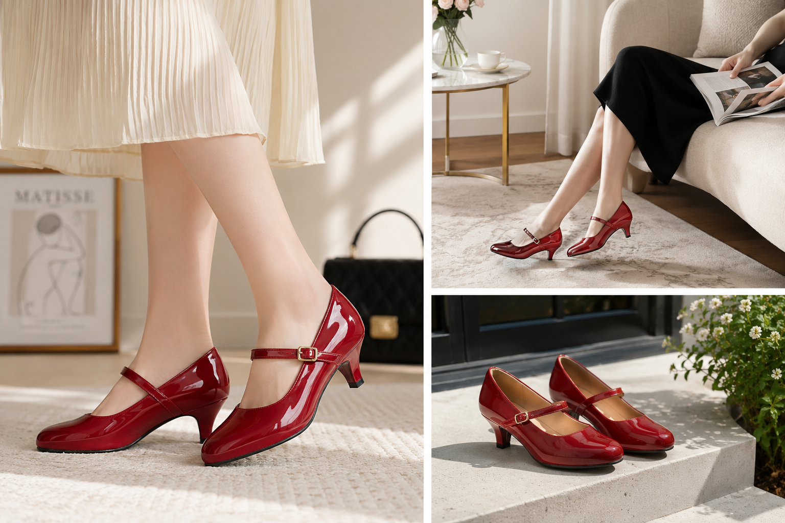 Guangzhou Comfortable Women PU Round Toe Heels Mary Jane Low Heel Pumps