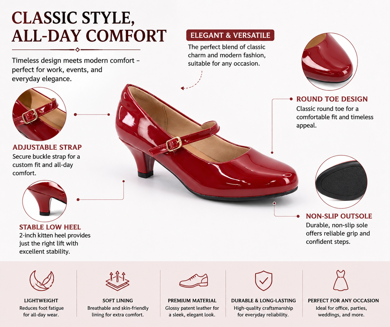 Guangzhou Comfortable Women PU Round Toe Heels Mary Jane Low Heel Pumps