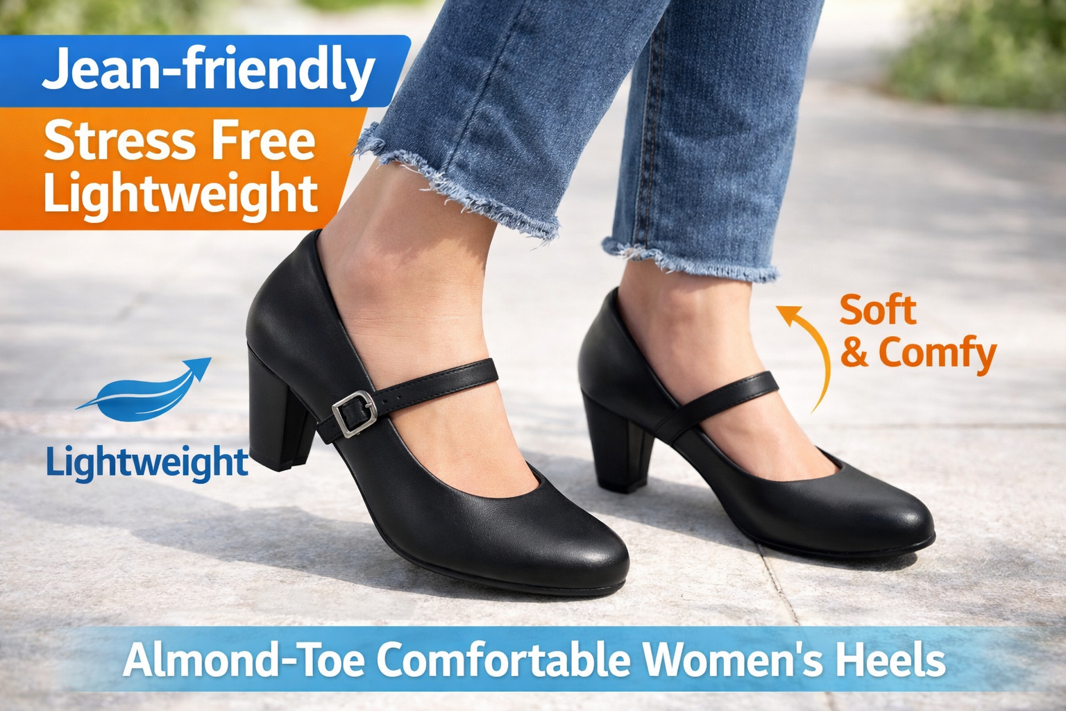 Lightweight Almond-Toe Mary Jane Heels for Women – Comfortable Block Heel Pumps
