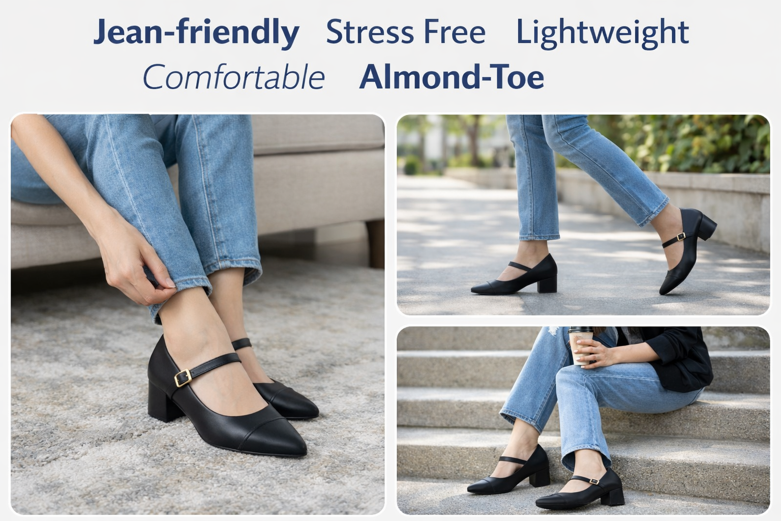 Women’s Stress-Free Almond Toe Mary Jane Block Heel Pumps
