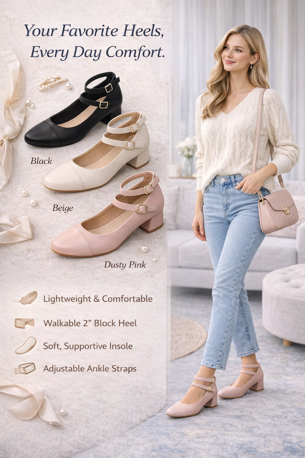 Jean‑Friendly Stress‑Free Lightweight Almond‑Toe Double‑Strap Women’s Block Heels