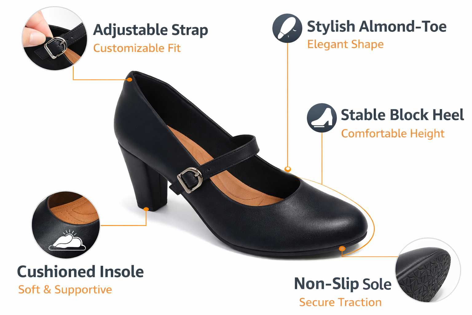 Lightweight Almond-Toe Mary Jane Heels for Women – Comfortable Block Heel Pumps