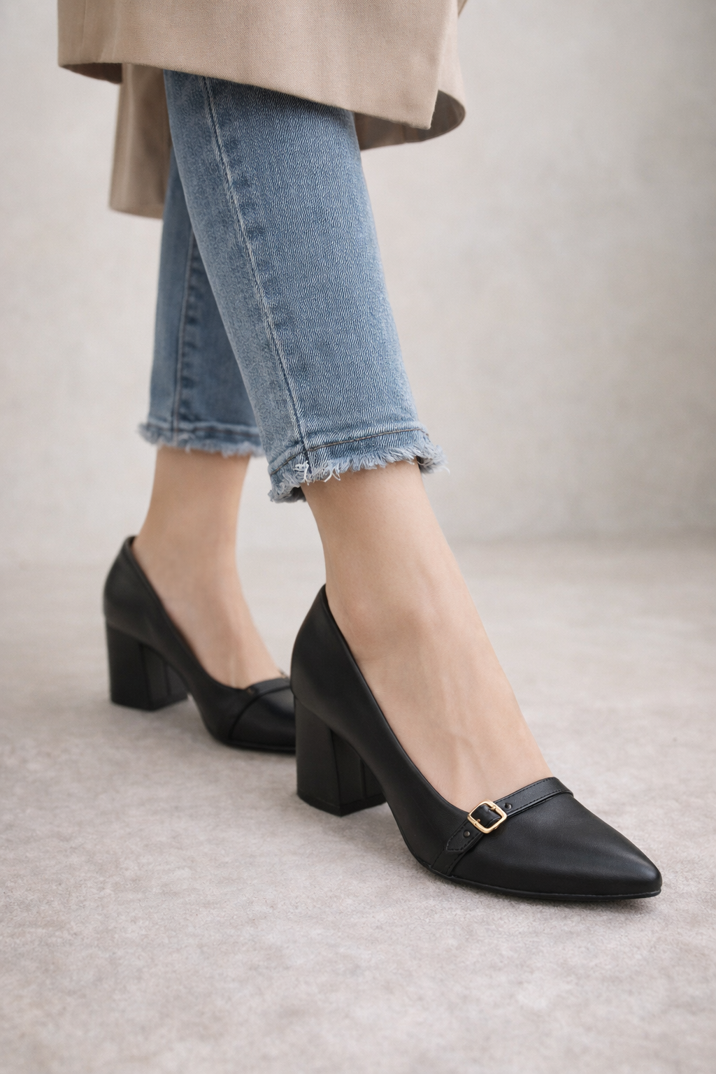Stress‑Free Lightweight Almond Toe Block Heel Pumps with Buckle Strap
