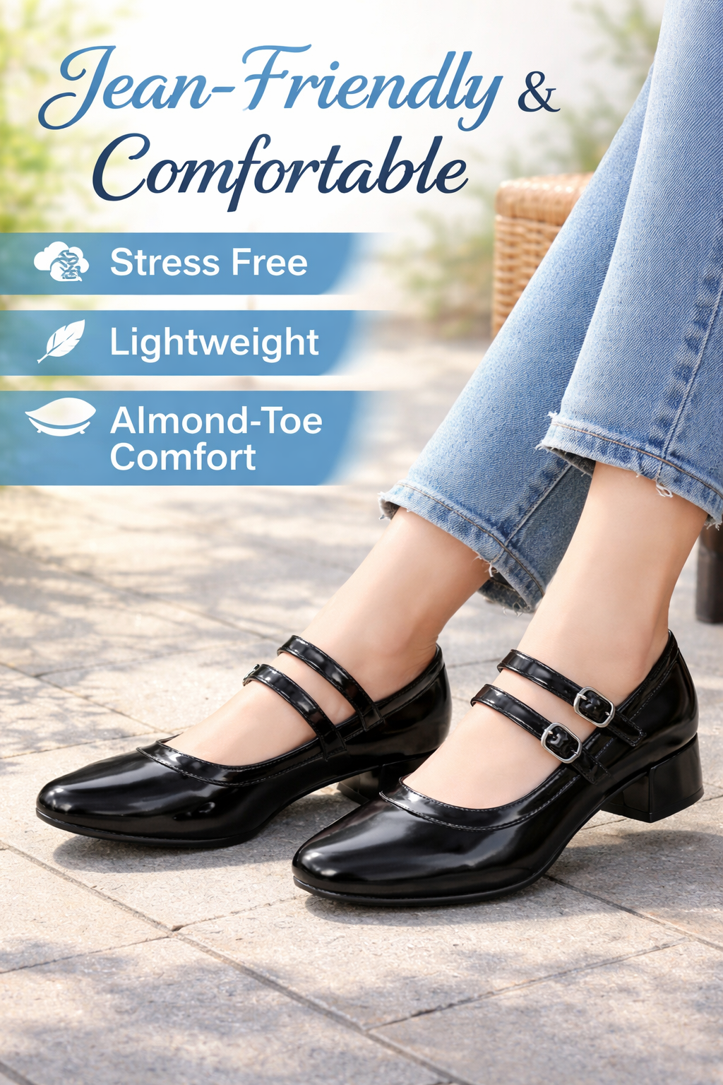 Jean‑Friendly Stress‑Free Lightweight Almond‑Toe Crossover Strap Comfortable Women’s Heels